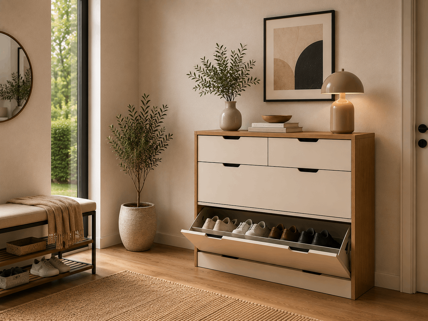 Moderní botník na obuv v elegantně zařízené předsíni