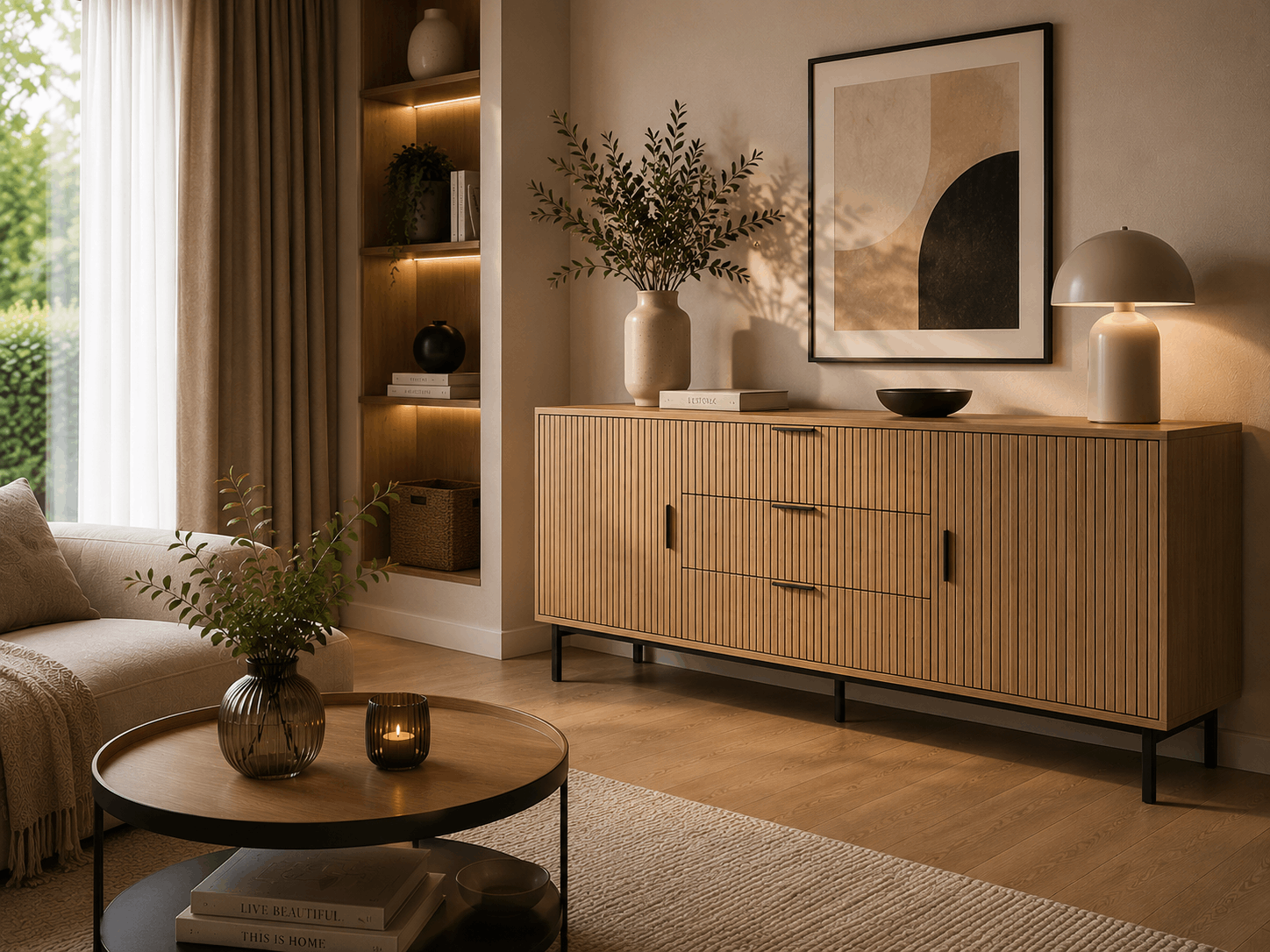 Moderní komoda s úložným prostorem v elegantně zařízeném interiéru
