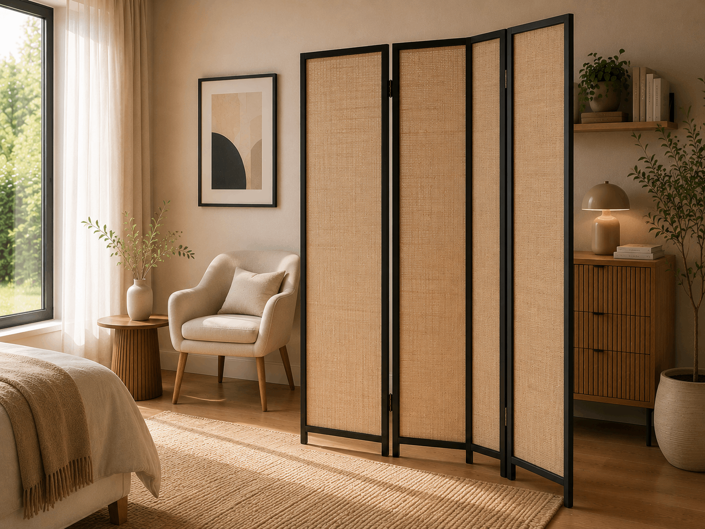 Moderní paraván rozdělující prostor v elegantně zařízeném interiéru