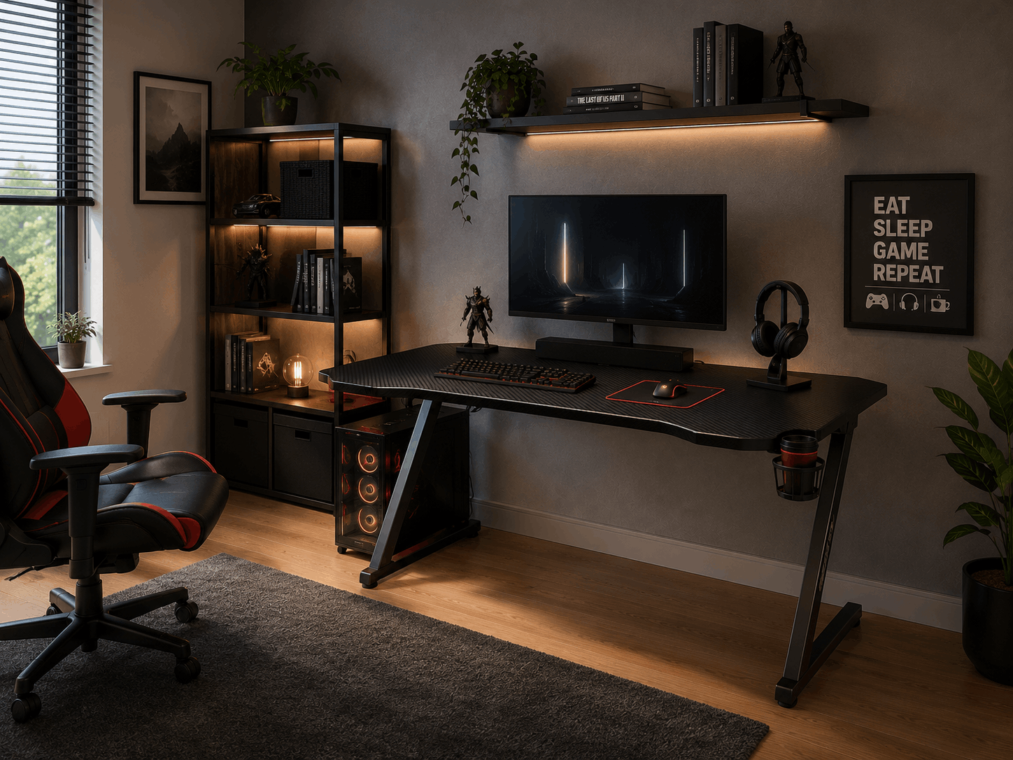 Moderní herní stůl s monitorem a gamingovým vybavením v moderním herním koutě
