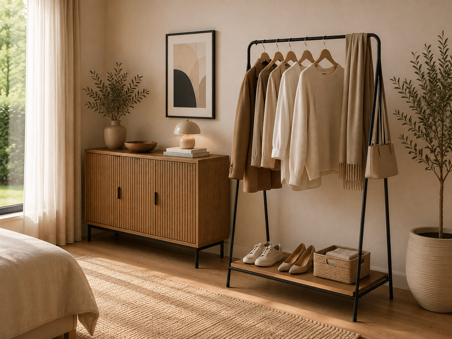 Moderní stojan na šaty s oblečením v elegantně zařízené ložnici